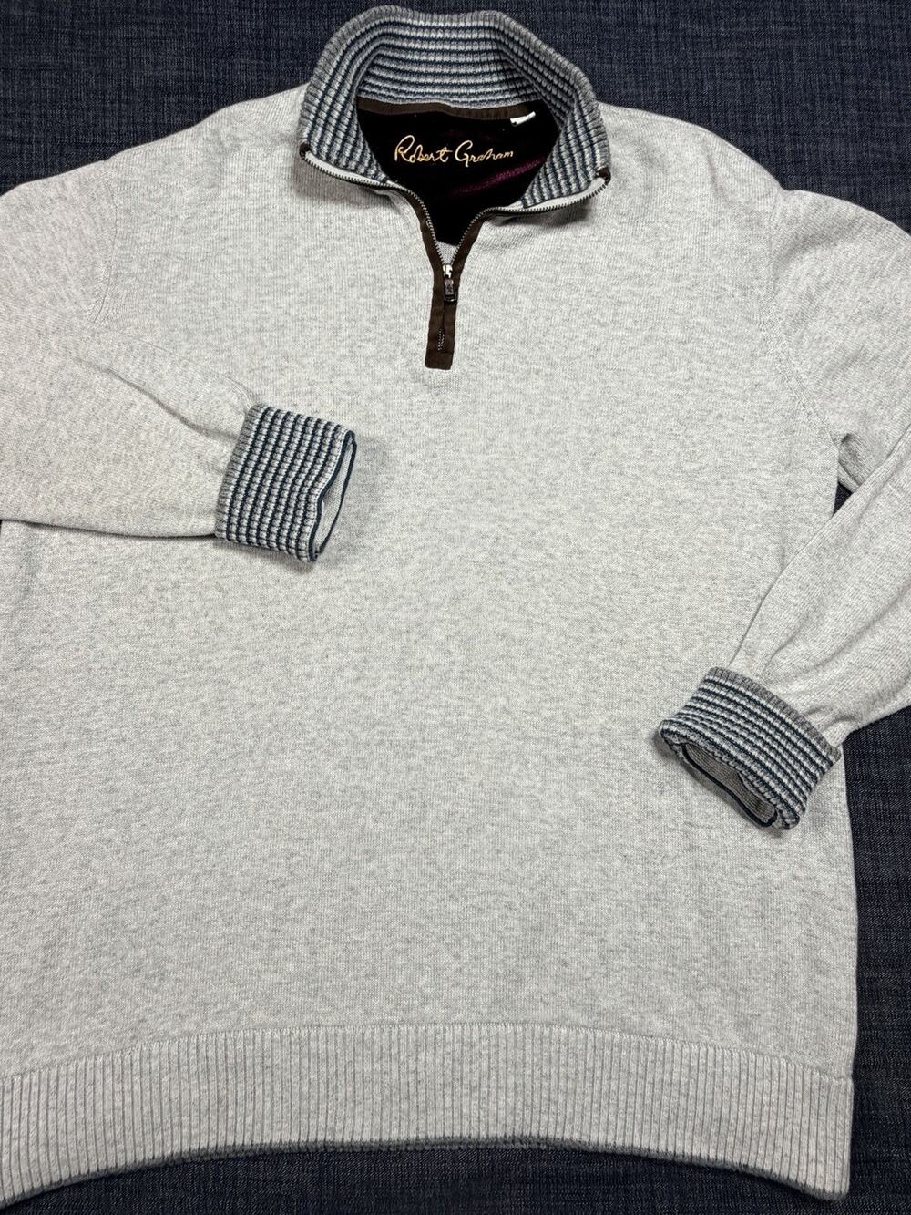 Robert Graham 100% Cotton Quarter Zip Sweater Grey Velvet Collar Mens 2XL XXL